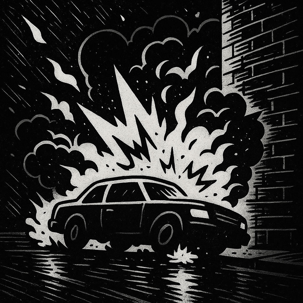 A crashed car from the imagined Batman scene