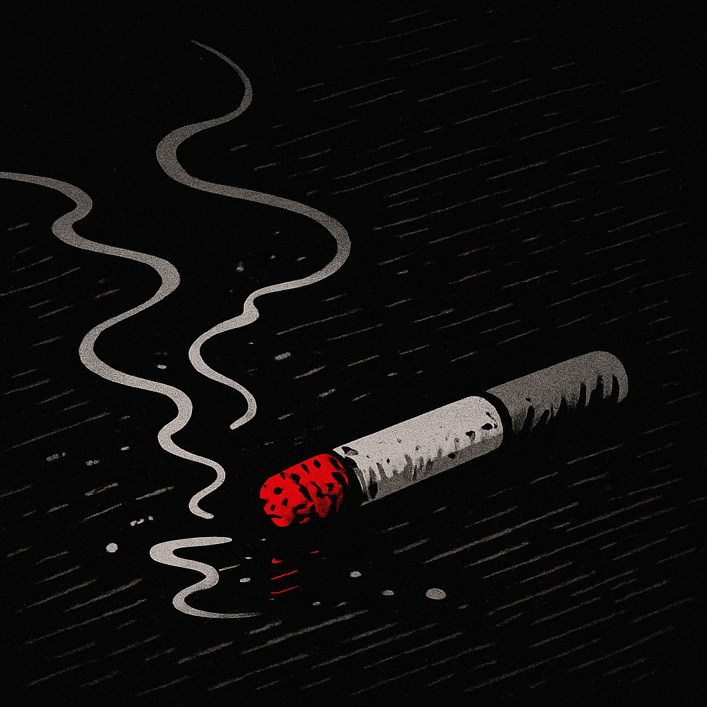 A flipped car with a cigarette nearby