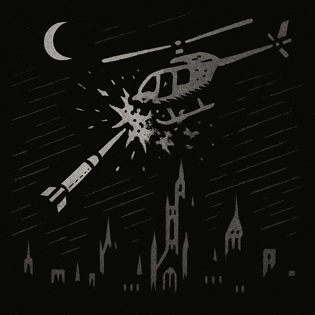 A helicopter scene from the imagined Batman story