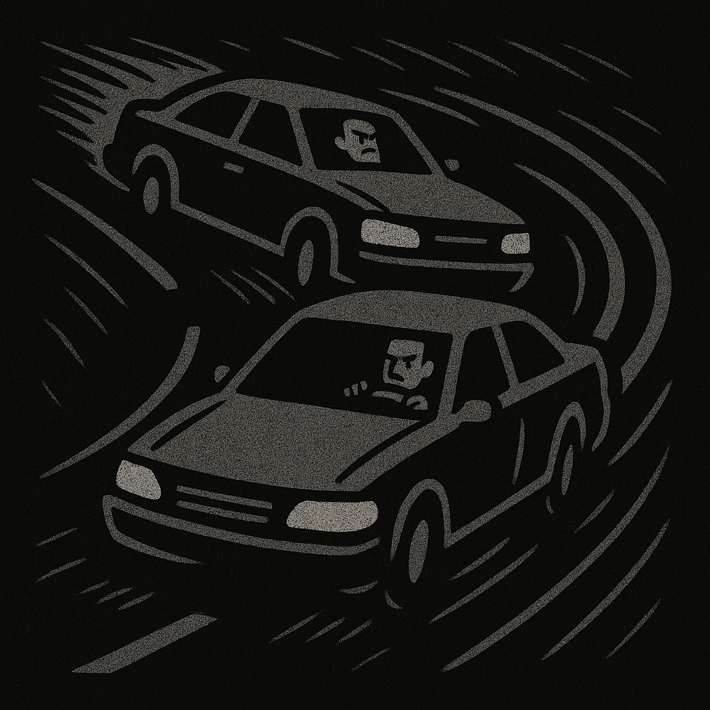 A dangerous passing scene on a residential road