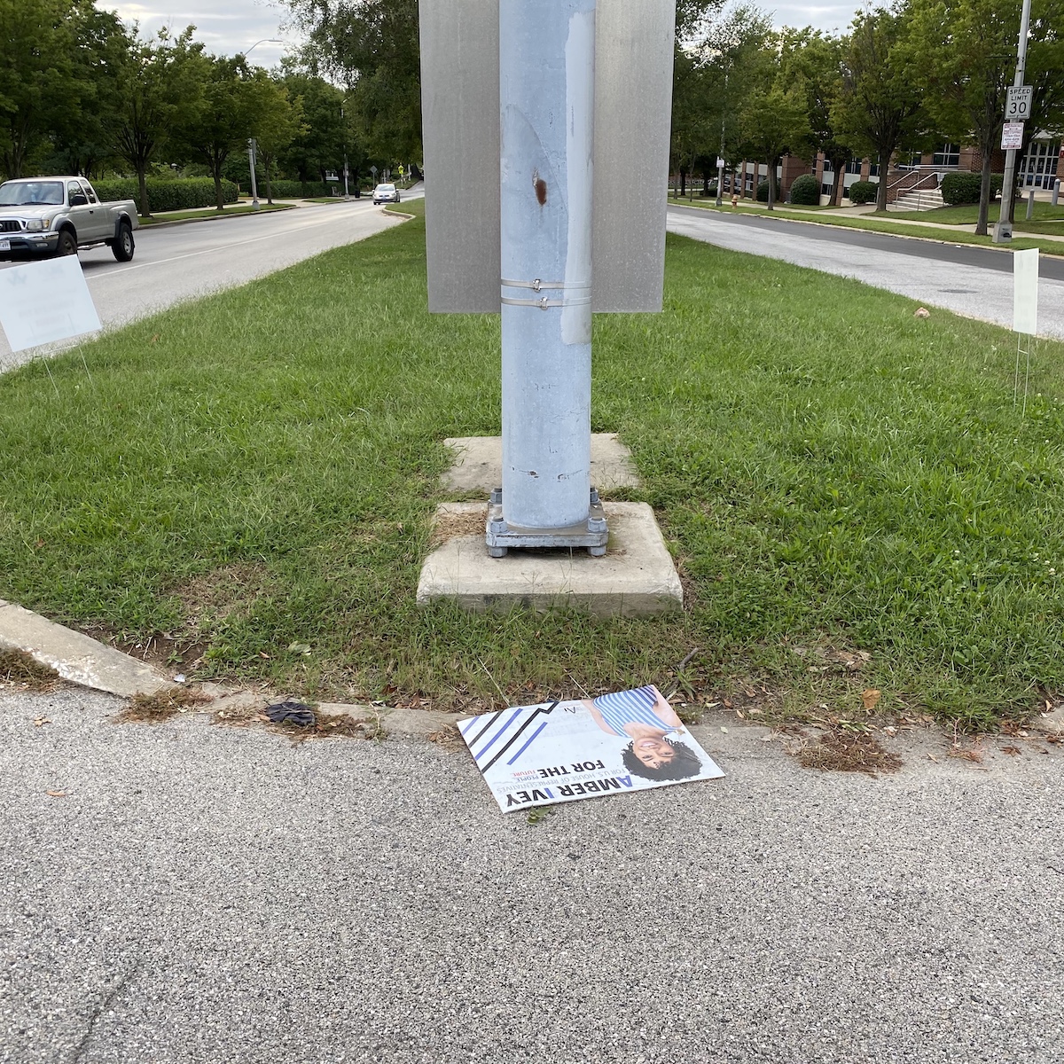 A traffic post in the center of a path